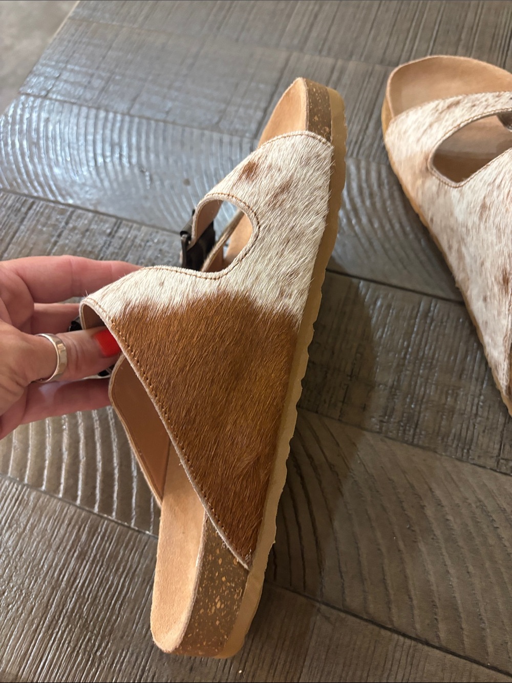 Myra Cowhide Two-Buckle Slide Sandals in Brown and Cream - Picture 3 of 7